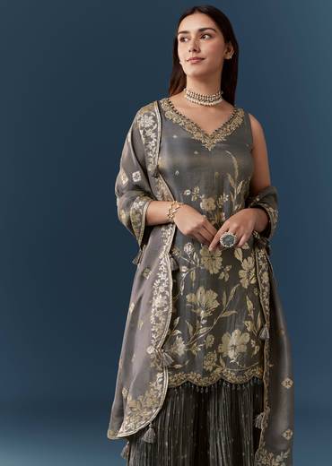 Grey Jacquard Weave Stone Work Kurta Sharara Set