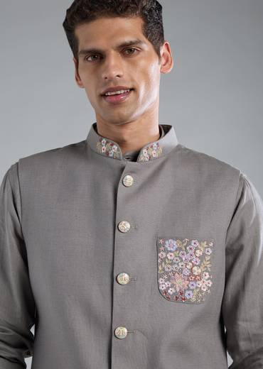 Grey Kurta Jacket Set With Thread Resham Work