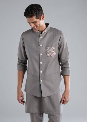 Grey Kurta Jacket Set With Thread Resham Work