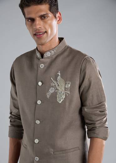 Grey Kurta Jacket Set With Zardosi Hand Work