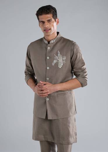 Grey Kurta Jacket Set With Zardosi Hand Work