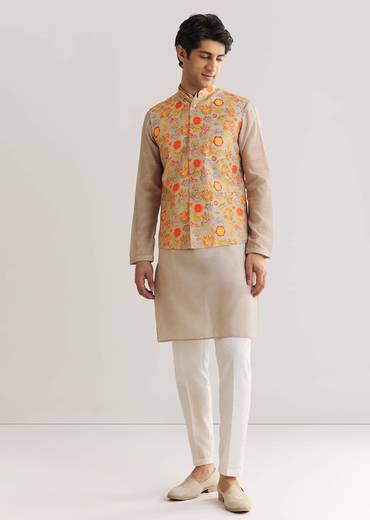 Grey Kurta Set With Floral Printed Jacket