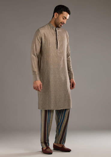 Grey Linen Kurta Jacket Set For Men With Hand Block Ajrakh Print
