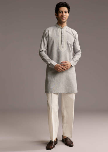 Grey Linen Kurta Set For Men With Thread And Resham Work