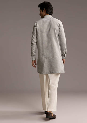 Grey Linen Kurta Set For Men With Thread And Resham Work