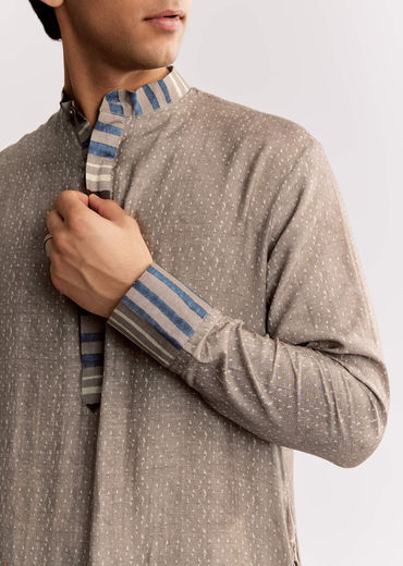 Grey Linen Kurta Set With Ajrakh Print