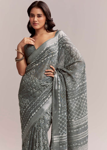 Grey Linen Printed Saree With Authentic Ajrakh Geometric Print