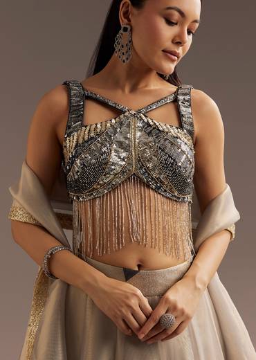 Grey Lurex Glitter Lehenga With Organza Dupatta