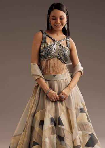 Grey Lurex Glitter Lehenga With Organza Dupatta