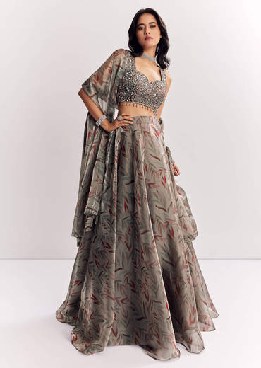 Grey Mirror Work Organza Tissue Lehenga Choli With Dupatta
