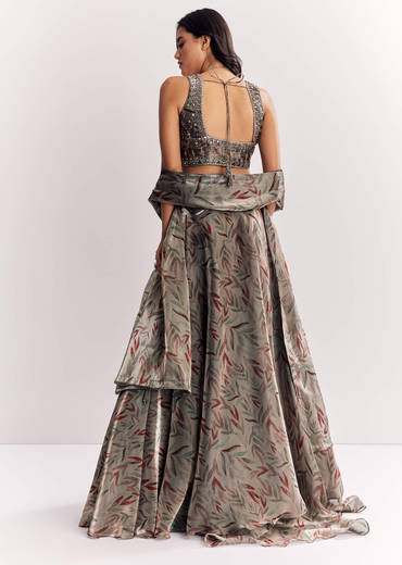 Grey Mirror Work Organza Tissue Lehenga Choli With Dupatta