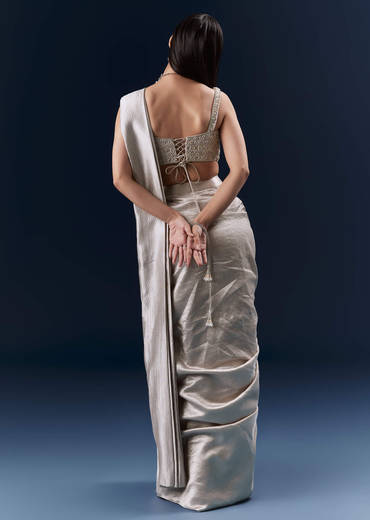 Grey Net Ready Pleated Saree With Embroidery