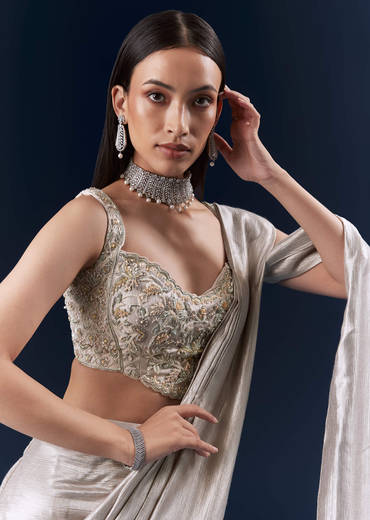 Grey Net Ready Pleated Saree With Embroidery