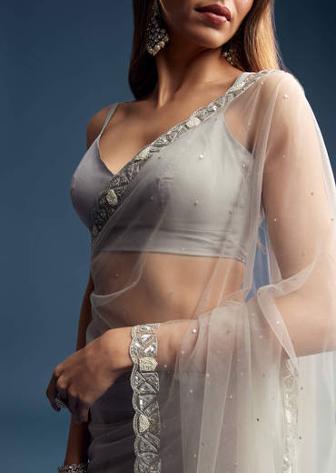 Grey Net Saree With Sequin And Bead Embroidery