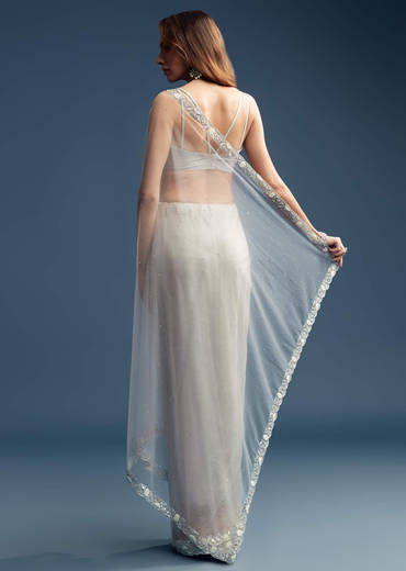 Grey Net Saree With Sequin And Bead Embroidery