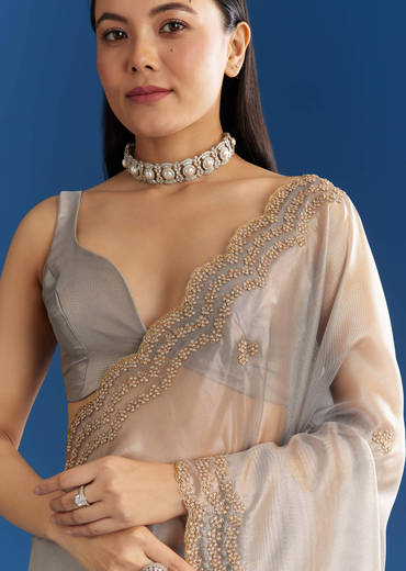 Grey Organza Tissue Saree With Embellished Scallop Border