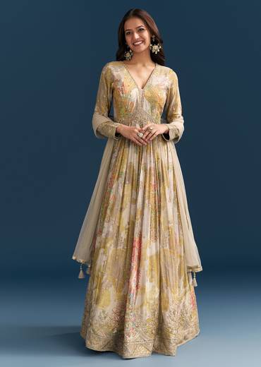 Grey Printed Chinon Anarkali Suit With Zari Work
