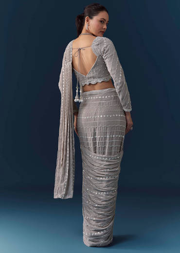 Grey Ready Pre Pleated Saree with Resham Blouse
