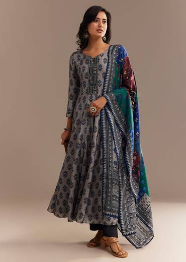 Grey Roman Silk Printed Anarkali Set