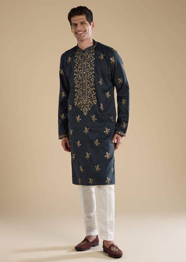 Grey Silk Embellished Mens Kurta and Pant Set