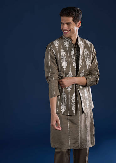Grey Silk Jacket Kurta Set with Zari Work
