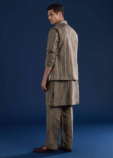 Grey Silk Jacket Kurta Set with Zari Work