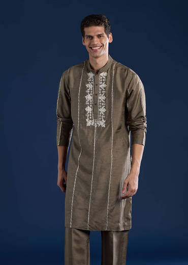 Grey Silk Jacket Kurta Set with Zari Work