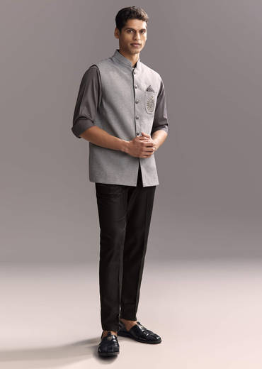 Grey Silk Kurta Jacket Set For Men With Hand Embroidery