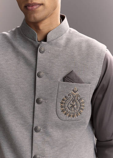 Grey Silk Kurta Jacket Set For Men With Hand Embroidery