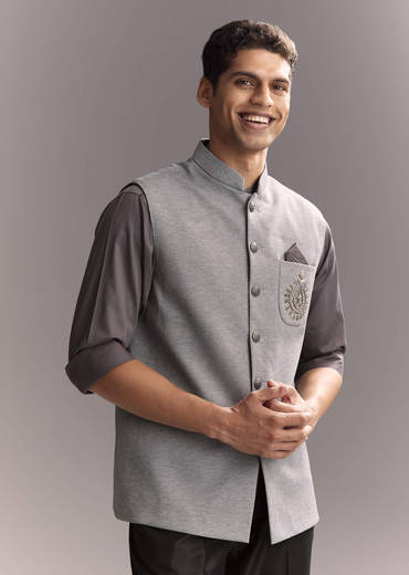 Grey Silk Kurta Jacket Set For Men With Hand Embroidery