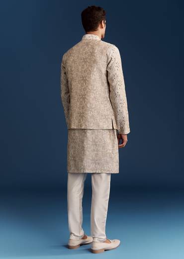 Grey Silk Kurta Jacket Set With Sequins And Moti Detailing
