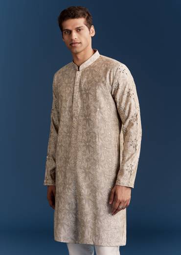 Grey Silk Kurta Jacket Set With Sequins And Moti Detailing