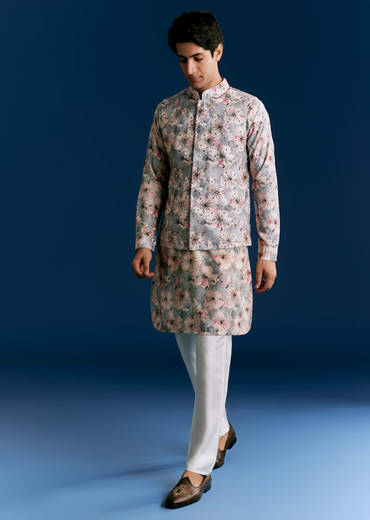 Grey Silk Kurta Jacket Set With Sequins And Thread Embroidery