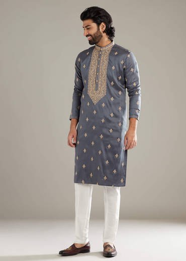 Grey Silk Kurta Set For Men With Resham Hand Embroidery