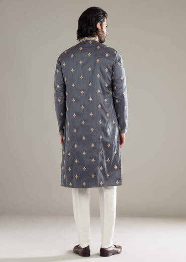Grey Silk Kurta Set For Men With Resham Hand Embroidery