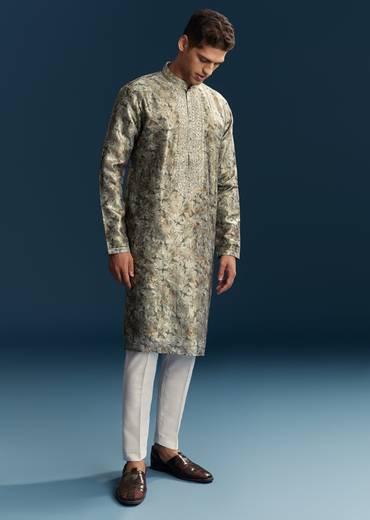 Grey Silk Kurta Set With Thread And Mirror Work