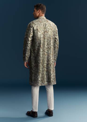 Grey Silk Kurta Set With Thread And Mirror Work