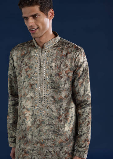 Grey Silk Mirror Work Mens Kurta and Pant Set