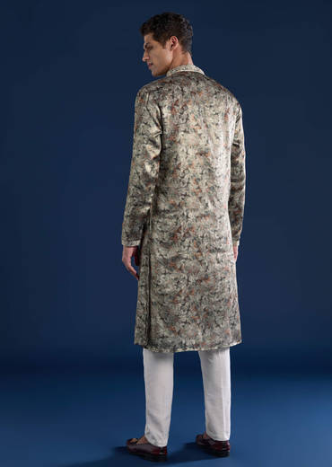 Grey Silk Mirror Work Mens Kurta and Pant Set