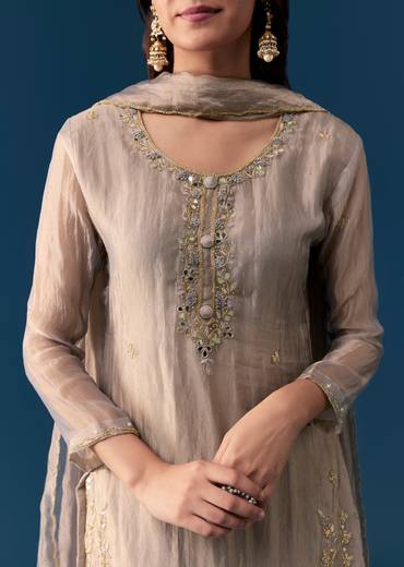 Grey Tissue Palazzo Set With Cut Dana And Sequins Work