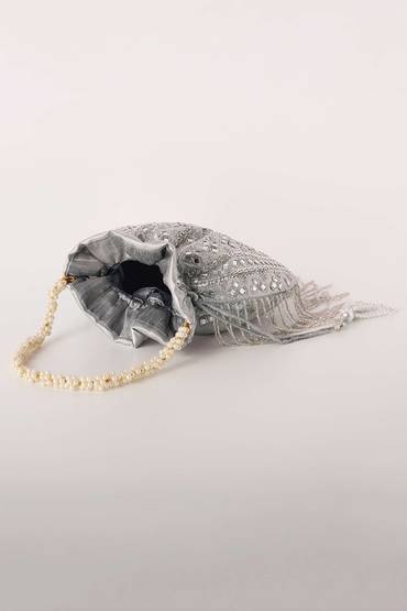 grey mirror work silk potli with tassels-sg91883 1