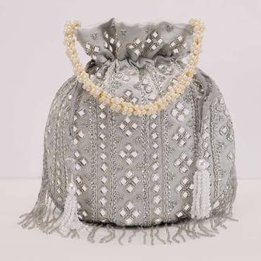 grey mirror work silk potli with tassels-sg91883 1