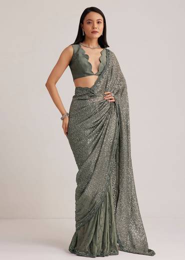 Grey Sequins Net Saree