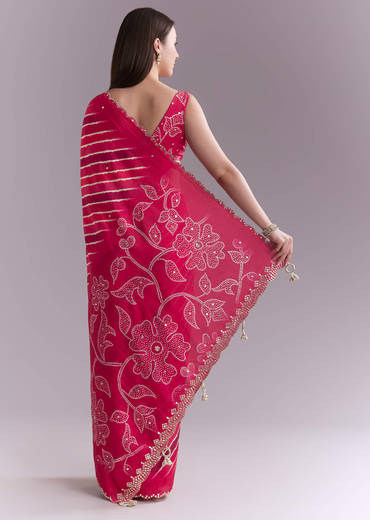 Hot Pink Chinon Saree With Leheriya Print And Mirror Work