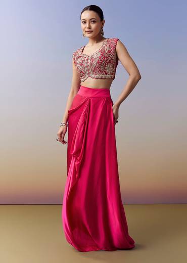 Hot Pink Indo Western Crop Top Skirt Set With Zardosi Work And Organza Cape