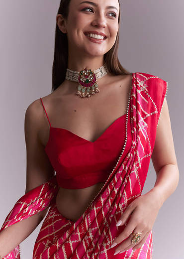 Hot Pink Satin Printed Saree With Criss Cross Stripes