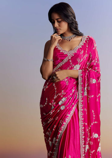Hot Pink Satin Saree With All Over Jaal Embroidery In Cutdana And Sequins