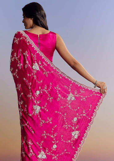 Hot Pink Satin Saree With All Over Jaal Embroidery In Cutdana And Sequins