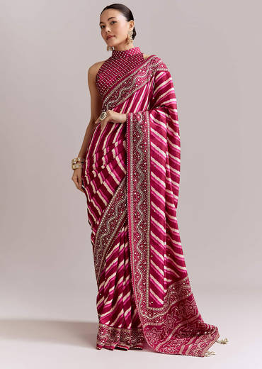 Hot Pink Silk Printed Saree With Lehariya And Bandhani Gota Border