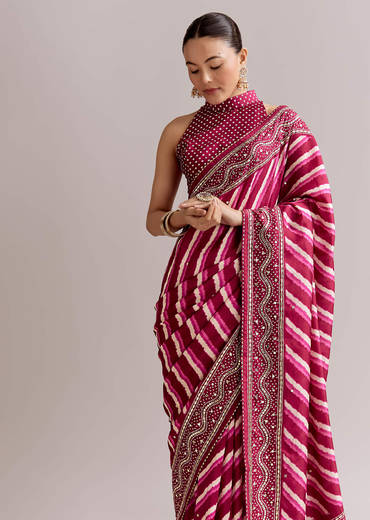 Hot Pink Silk Printed Saree With Lehariya And Bandhani Gota Border